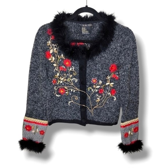 Vintage Ruby Cho Feather Trim Floral Embroidered Cardigan Sweater Holiday Artsy - Picture 1 of 11